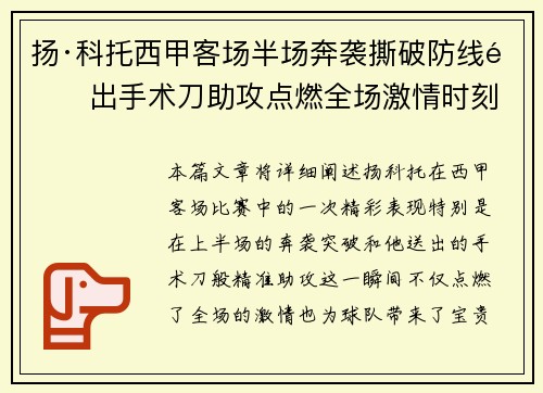 扬·科托西甲客场半场奔袭撕破防线送出手术刀助攻点燃全场激情时刻